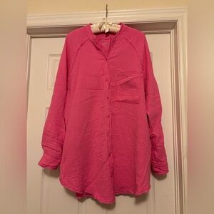 Aerie Lightweight Button-Up Tunic Shirt in Bright Pink L